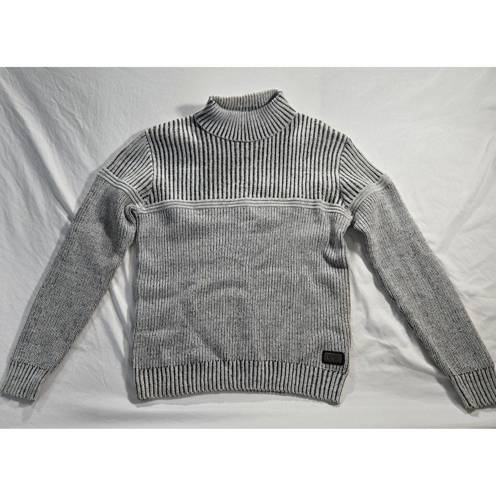 Nick Danger Mens Sweater XL Heather Grey Black Stripe Ribbed Mock Neck Knit